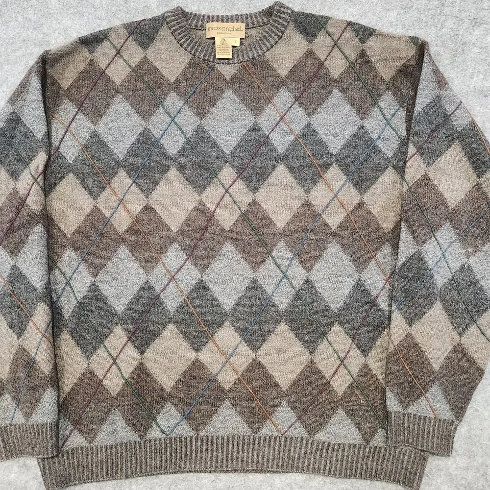 VTG Tricots St Raphael Mens L Large Pure‎ New Wool Knit Crewneck Argyle Sweater